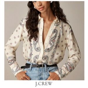 J. CREW Drapey Paisley Print Multicolor Long Sleeves Button Up Shirt Blouse Sz L